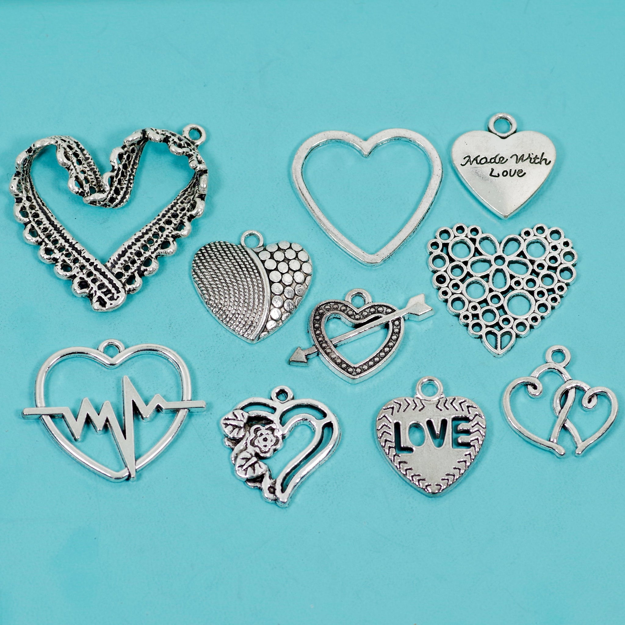 19 Pcs Love Charm Antique Silver-tone Heart Pendant