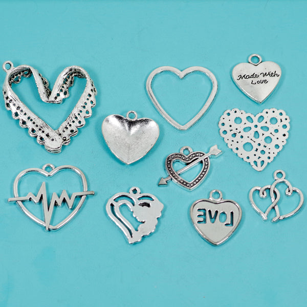 19 Pcs Love Charm Antique Silver-tone Heart Pendant