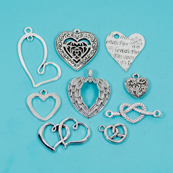 19 Pcs Love Charm Antique Silver-tone Heart Pendant