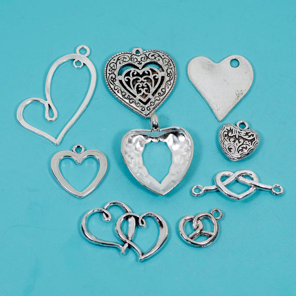 19 Pcs Love Charm Antique Silver-tone Heart Pendant