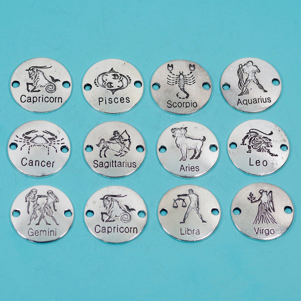 12 Pcs Constellation Charm Antique Silver-tone Pendant