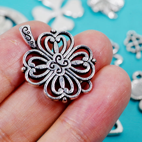 11 Pcs Four Leaf Clover Lucky Charm Antique Silver-tone Pendant