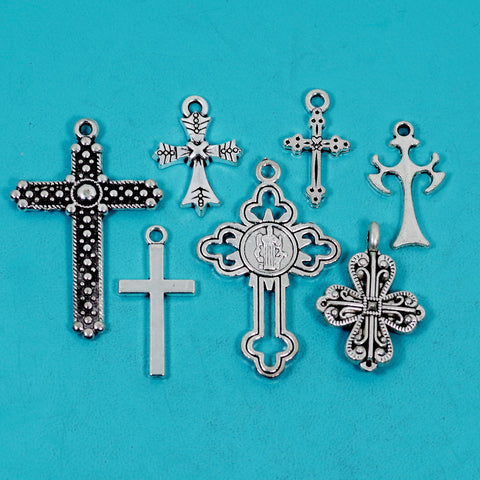 14 Pcs Cross Charm Antique Silver-tone Pendant