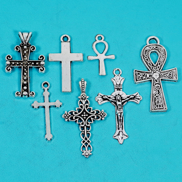 14 Pcs Cross Charm Antique Silver-tone Pendant