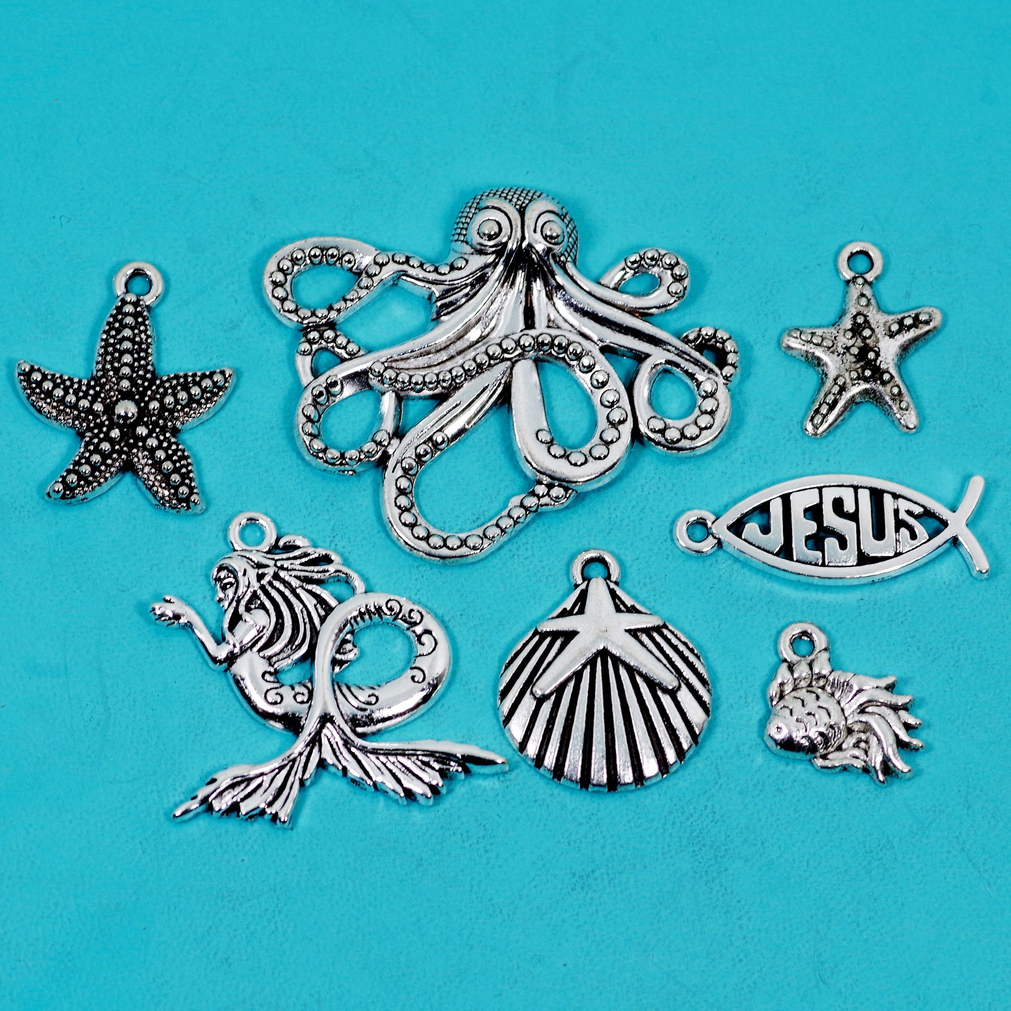 13 Pcs Ocean Animal Charm Antique Silver-tone Pendant