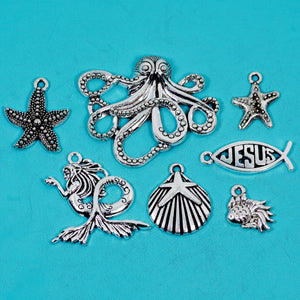 13 Pcs Ocean Animal Charm Antique Silver-tone Pendant