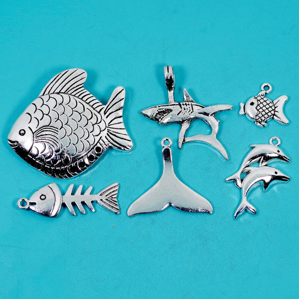 13 Pcs Ocean Animal Charm Antique Silver-tone Pendant