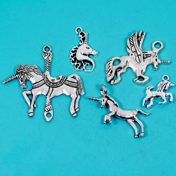 5 Pcs Unicorn Charm Antique Silver-tone Pendant