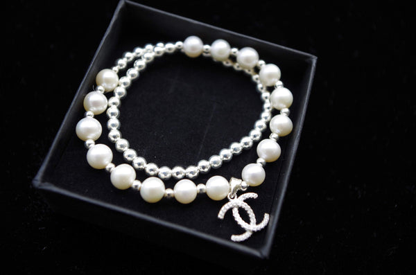 Pearl and sliver bracelet- 8mm freshwater pearl& 925 silver 4mm  sterling silver bead bracelet