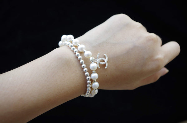 Pearl and sliver bracelet- 8mm freshwater pearl& 925 silver 4mm  sterling silver bead bracelet