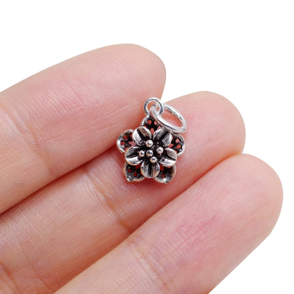 2 Pcs Vintage 925 Sterling Silver Flower Charm with Close Jump Ring