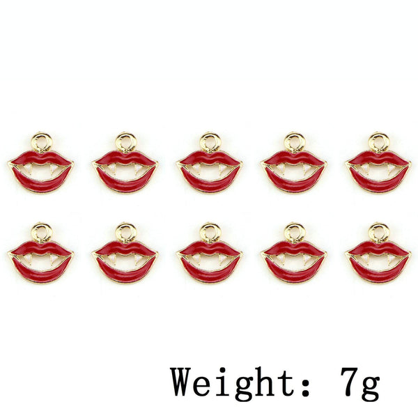 10 Piece Vampire Charms Halloween Red Lip Enamel Pendant