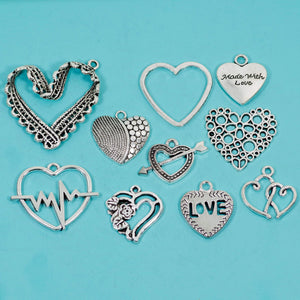 19 Pcs Love Charm Antique Silver-tone Heart Pendant