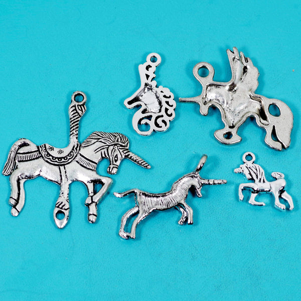 5 Pcs Unicorn Charm Antique Silver-tone Pendant