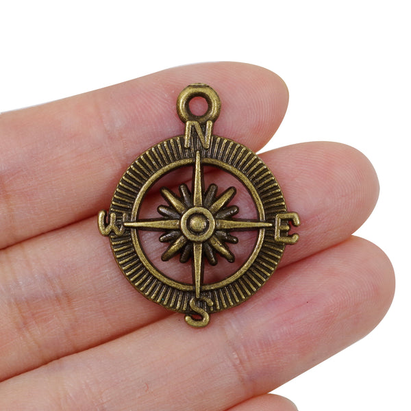 8 Pcs Circle Compass Charm Antique Bronze Jewelry Pendant