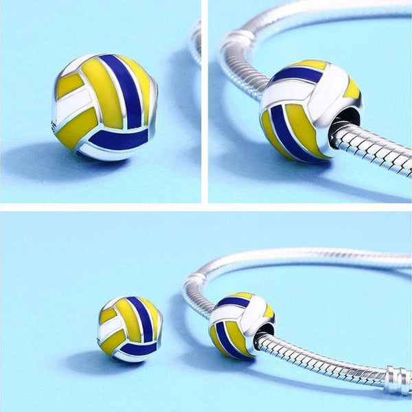 925 Sterling Silver Volleyball Enamel Dangle Charm Bead for Bracelet Pendant