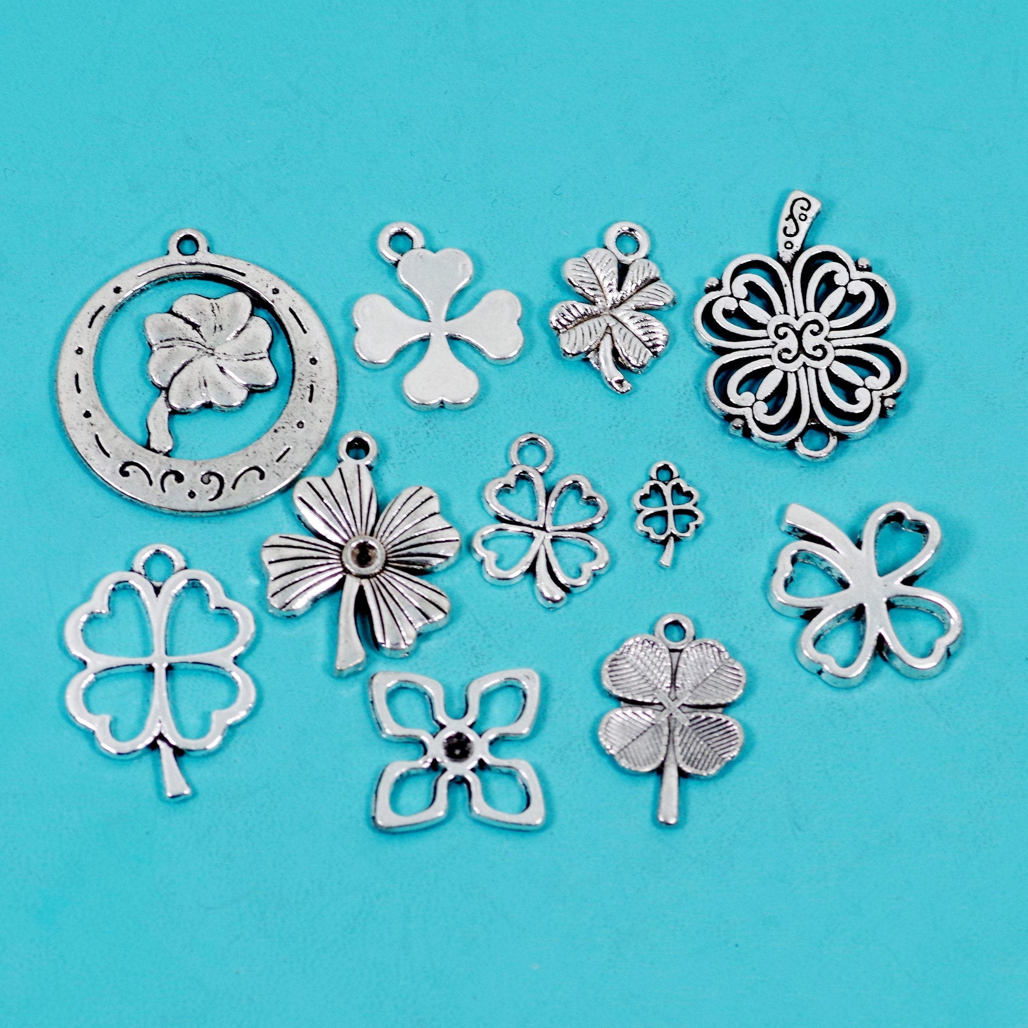 11 Pcs Four Leaf Clover Lucky Charm Antique Silver-tone Pendant