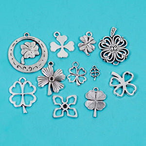 11 Pcs Four Leaf Clover Lucky Charm Antique Silver-tone Pendant