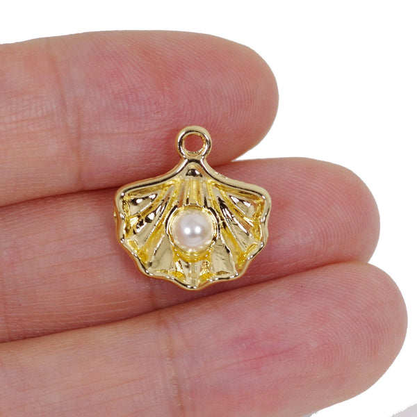 4 Pcs Gold Plated Shell with Pearl Charm for Jewelry Making