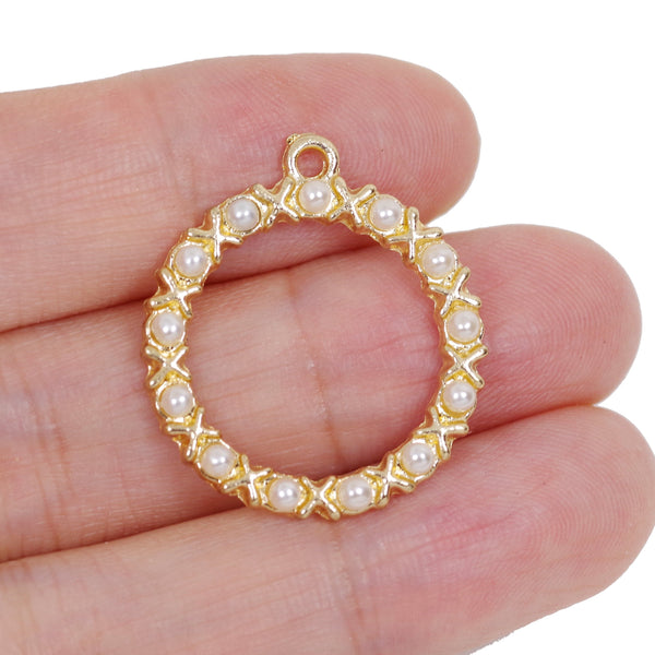 2 Pcs Gold Plated Circle with Pearl Charm for Jewelry Making