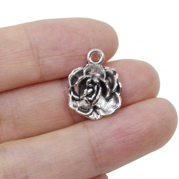 10 Flower Charms Antique Silver Tone Pendant