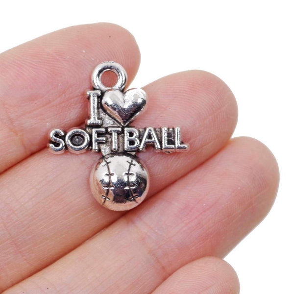 10 I Love Softball Charm Charms Antique Silver Tone Pendant