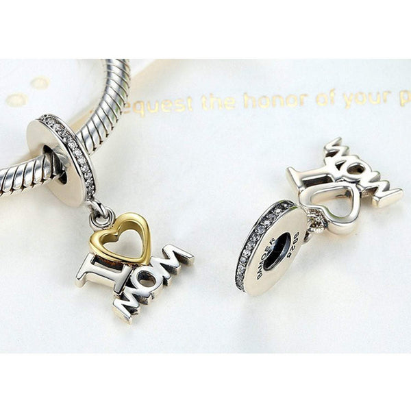 925 Sterling Silver I Love Mom Charm Bead for Bracelet Pendant