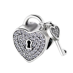 925 Sterling Silver Heart and Key Charm Bead for Charm Bracelet Pendant