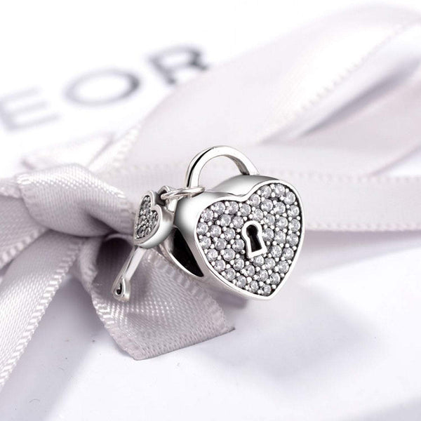 925 Sterling Silver Heart and Key Charm Bead for Charm Bracelet Pendant