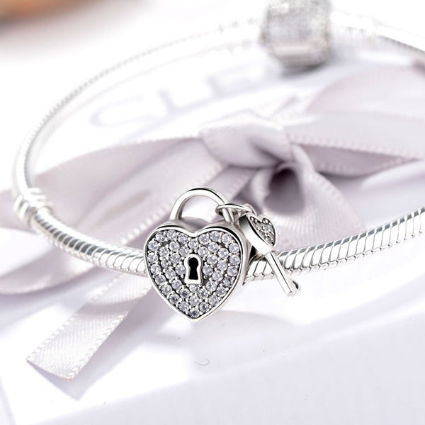 925 Sterling Silver Heart and Key Charm Bead for Charm Bracelet Pendant