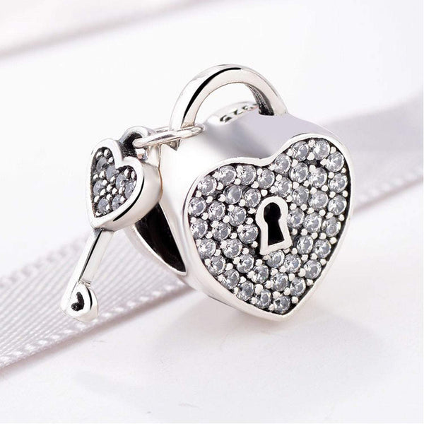 925 Sterling Silver Heart and Key Charm Bead for Charm Bracelet Pendant