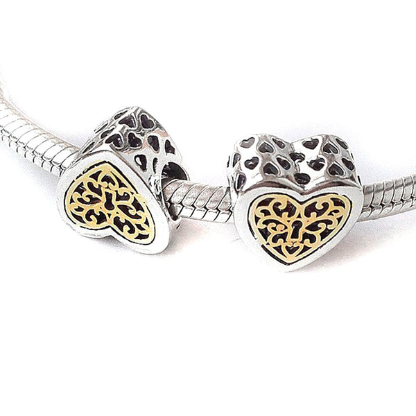 925 Sterling Silver Golden Heart Charm Bead for Charm Bracelet Pendant