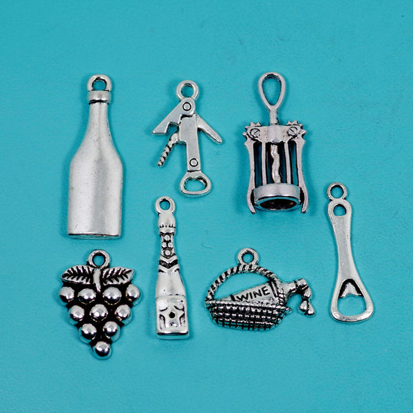 7 Pcs Bulk Wholesale Wine Theme Charm Silver Tone