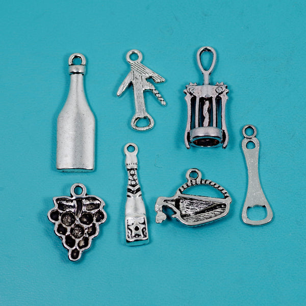 7 Pcs Bulk Wholesale Wine Theme Charm Silver Tone