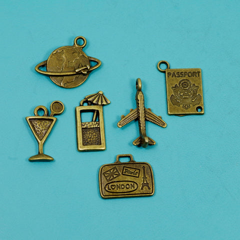 6 Pcs Bulk Wholesale Travel Theme Bronze Charm