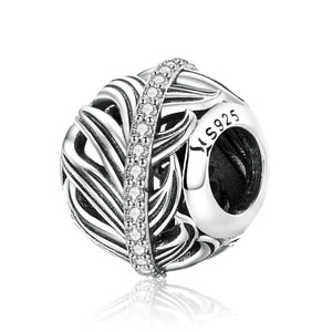 925 Sterling Silver Feather Charm Bead for Charm Bracelet Pendant