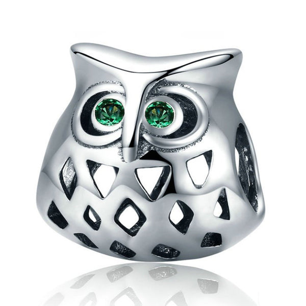 925 Sterling Silver Green Owl Charm Bead for Charm Bracelet Pendant