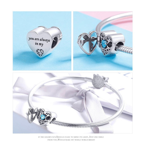 925 Sterling Silver Blue Heart Charm Bead for Charm Bracelet Pendant