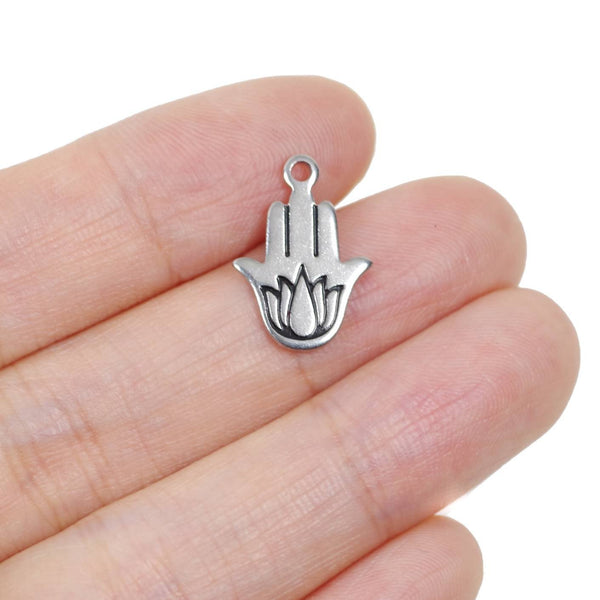 2 pcs Hamsa Hand with Lotus Stainless Steel Charm