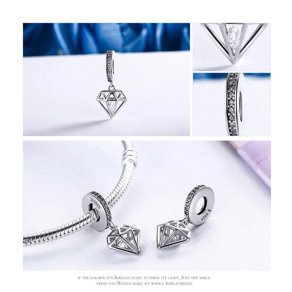 925 Sterling Silver Diamond Shape Charm Bead for Bracelet Pendant