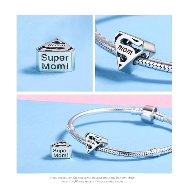 925 Sterling Silver Super Mom Charm Bead for Bracelet Pendant