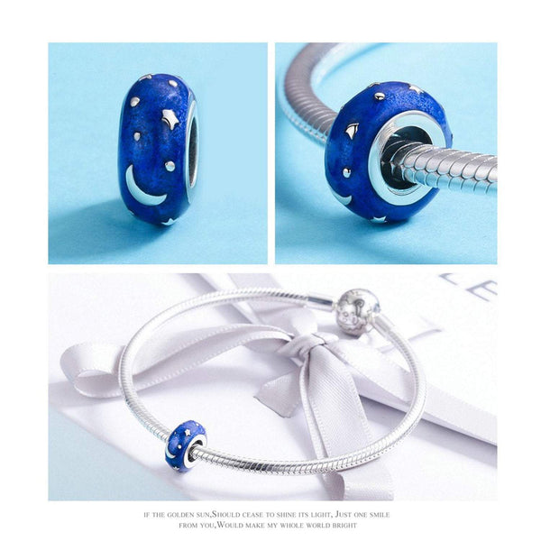 925 Sterling Silver Blue Moon and Star Charm Bead for Bracelet Pendant