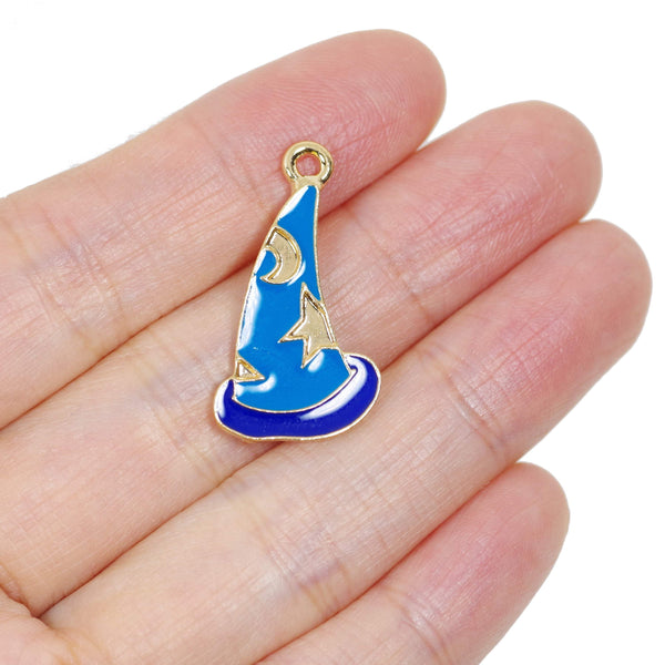 5 Pcs Blue Magic Hat Enamel Charm Gold Plated Pendant