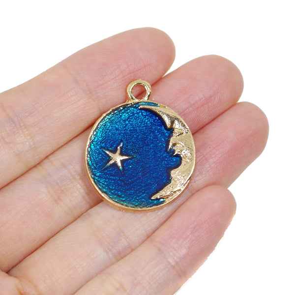 5 Pcs Blue Moon and Star Enamel Charm Gold Plated Pendant