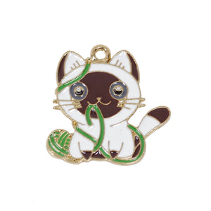 4 Pcs Cat with Yarn Enamel Charm Craft Supplies Gold Plated Pendant