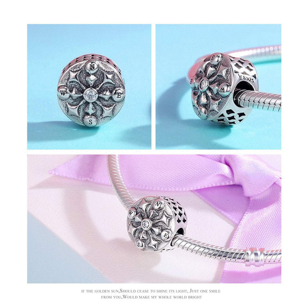 925 Sterling Silver Compass Charm Bead Fits Pandora Charm Bracelet Pendant