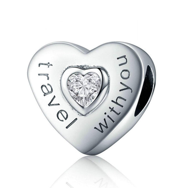 925 Sterling Silver Travel With You Heart Charm Bead Fits Pandora Charm Bracelet Pendant