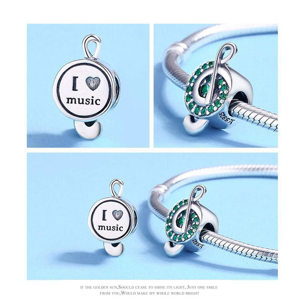 925 Sterling Silver Green Music Charm Bead Fits Pandora Charm Bracelet Pendant