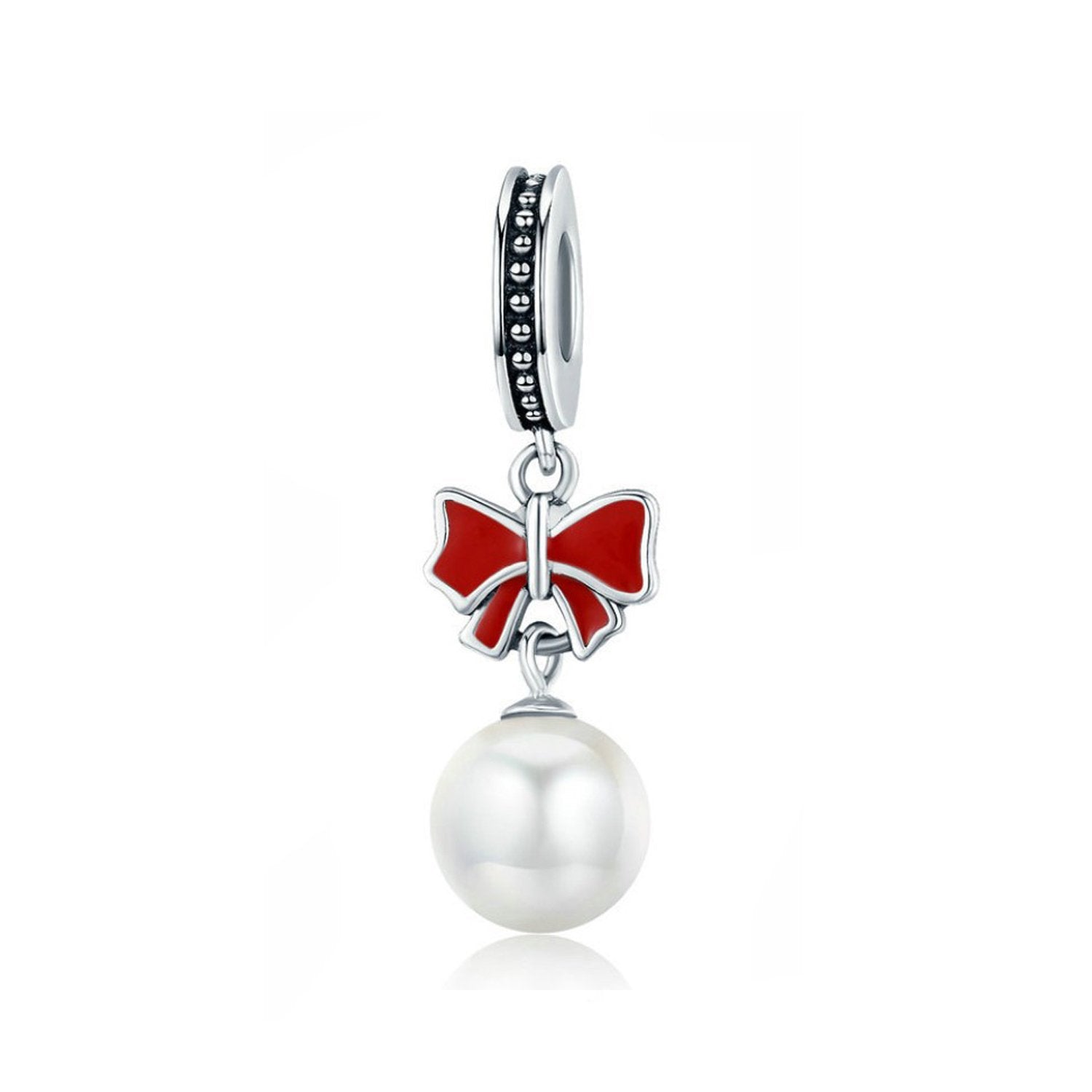 925 Sterling Silver Enamel Red Bow with Pearl Charm Bead Fits Pandora Charm Bracelet Pendant