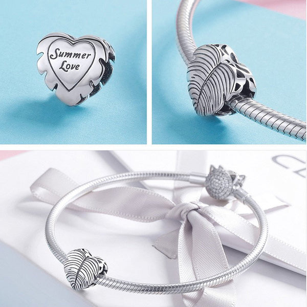 925 Sterling Silver Heart Shape Feather Charm Bead for Bracelet Pendant